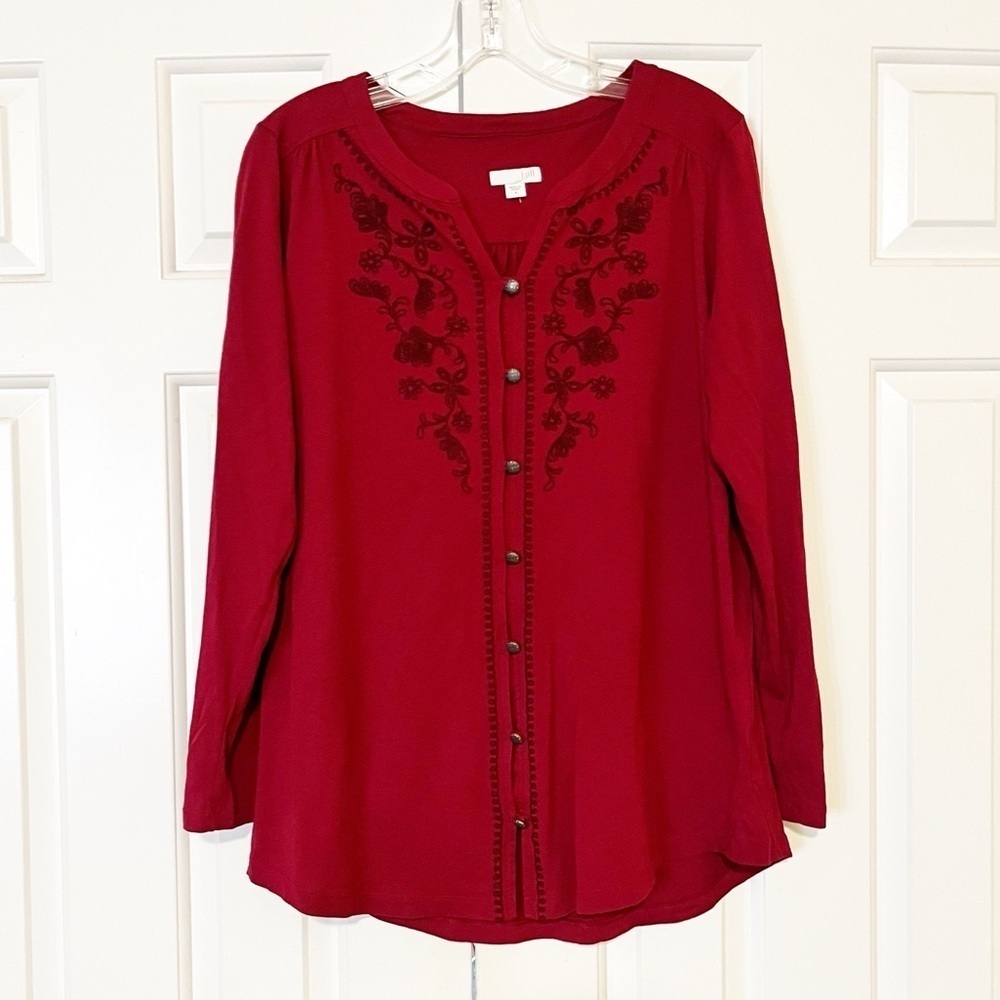 J. Jill Embroidered Button-Front Blouse in Deep Red